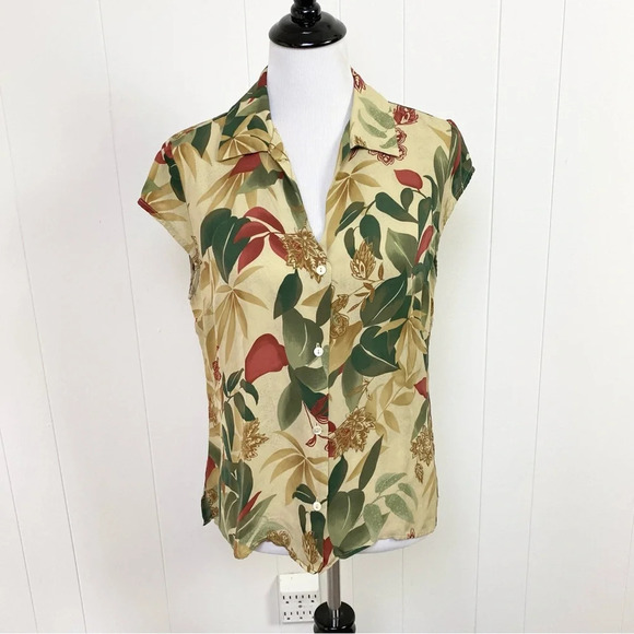 Kate Hill 2 Pc Silk Skirt Set Sz 14 Button Down Top Green Beige Floral Lined - Picture 4 of 16